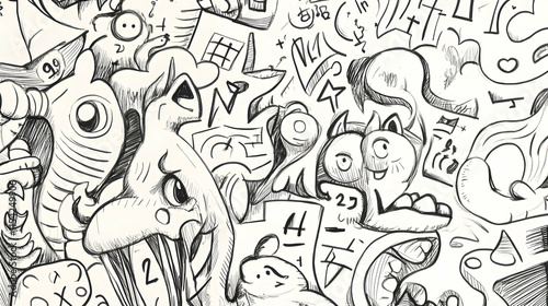 Whimsical doodle art background; playful creatures & math symbols; white backdrop; ideal for kids' books, websites.