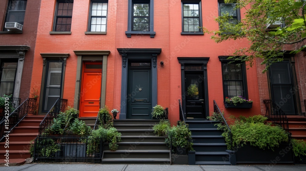 Vibrant Urban Brownstone Facades with Lush Greenery in City Vibrant Urban Brownstone Facades with Lush Greenery in City
