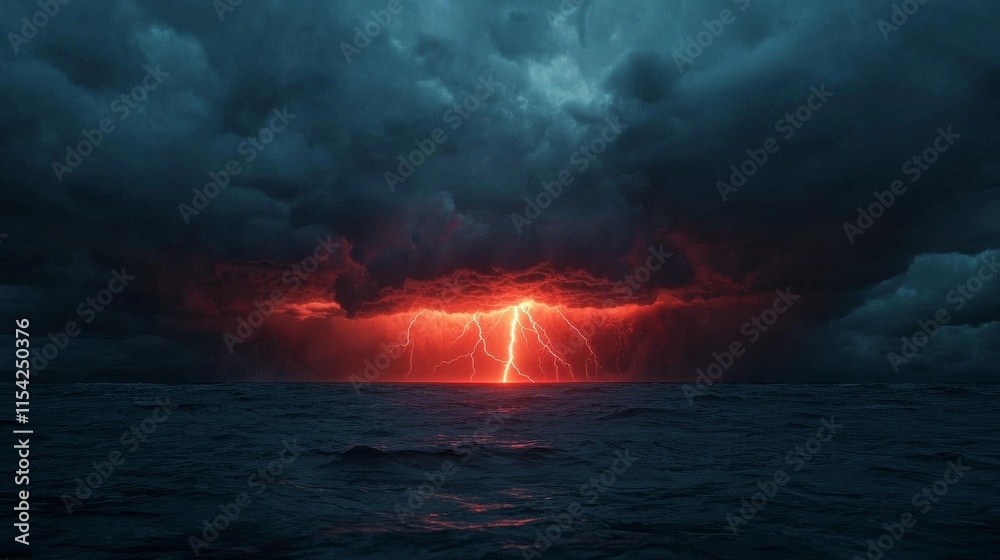 Obraz premium A dramatic scene of dark clouds illuminated by a striking lightning bolt, reflecting on a turbulent ocean surface, creating an atmospheric and intense visual impact.