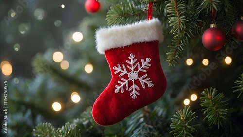 Red Christmas sock, snowflakes shimmering under golden bokeh.

