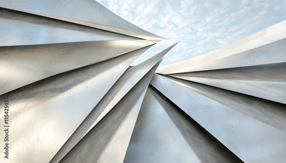 Fototapeta premium An abstract representation of metallic textures and angular shapes, creating a dynamic interplay of light and shadow against a cloudy sky.