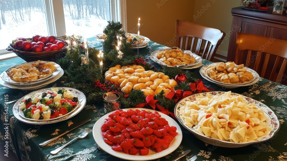 Festive Holiday Table Arrangement with Delicious Food and Decorations Festive Holiday Table Arrangement with Delicious Food and Decorations