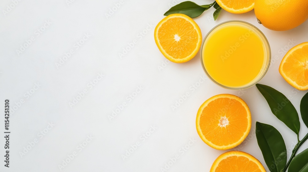 Fresh orange juice on white background with vibrant orange slices for healthy lifestyle concept Fresh orange juice on white background with vibrant orange slices for healthy lifestyle concept