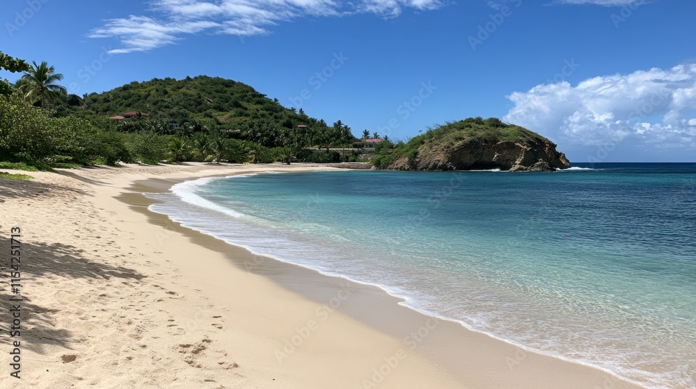 Tranquil Beach Landscape with Clear Water and Lush Green Hills Tranquil Beach Landscape with Clear Water and Lush Green Hills