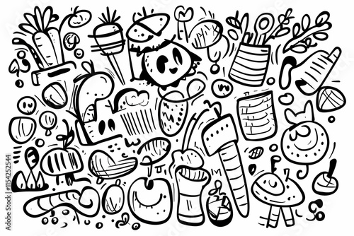 Whimsical hand-drawn food & plants doodle background illustration for design.