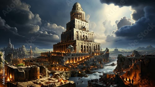 Tower of Babel depicted in a dramatic and mystical landscape at dusk