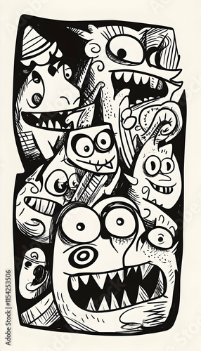 Whimsical Monster Faces Sketch, Graphic Design Element, Black and White, Children's Book Illustration. photo