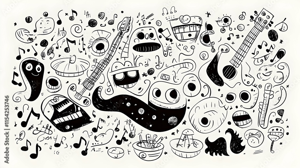 Whimsical Music Doodle Background, Instruments, Notes, Space, Website Design. Whimsical Music Doodle Background, Instruments, Notes, Space, Website Design.