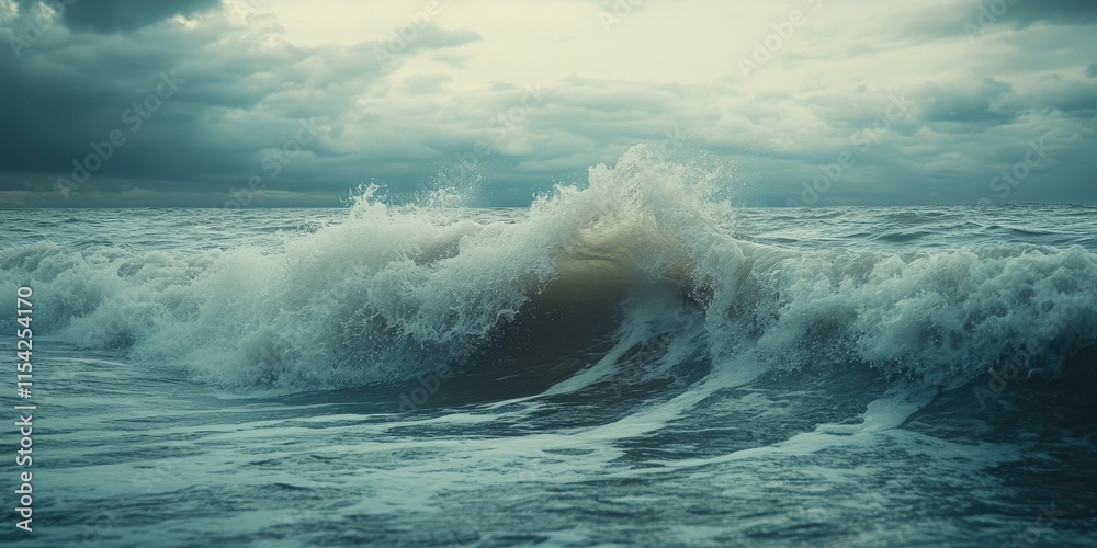 Fototapeta premium Dramatic Ocean Wave Crashing Under Stormy Skies