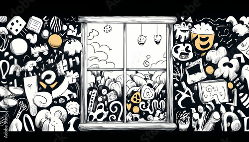 Window View Doodle chaos surrounds a whimsical window scene depicting a joyful outdoor landscape, perfect for children's book illustrations. photo