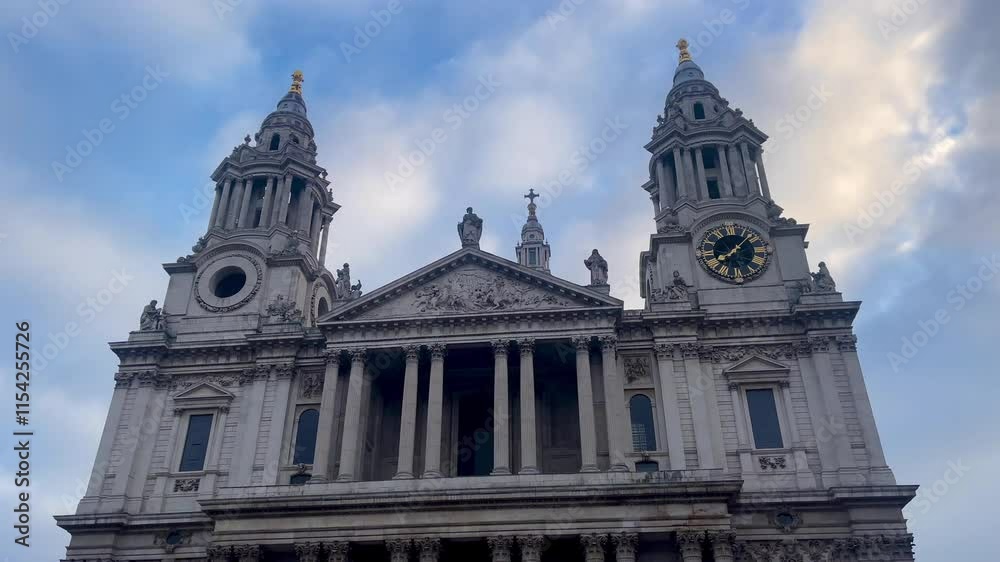 St. Pauls Cathedral, showcasing intricate carvings, grand columns, and the iconic clock tower on a misty day in London, slow motion St. Pauls Cathedral, showcasing intricate carvings, grand columns, and the iconic clock tower on a misty day in London, slow motion