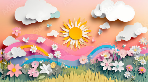 Vibrant and textured papercraft landscape scene with fluffy clouds bright sun rainbow and seasonal floral elements in a layered digital. Parhelia. Illustration