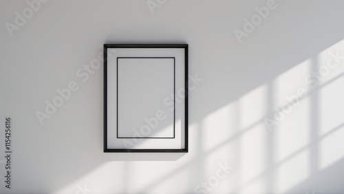 A white wall with a black framed picture photo