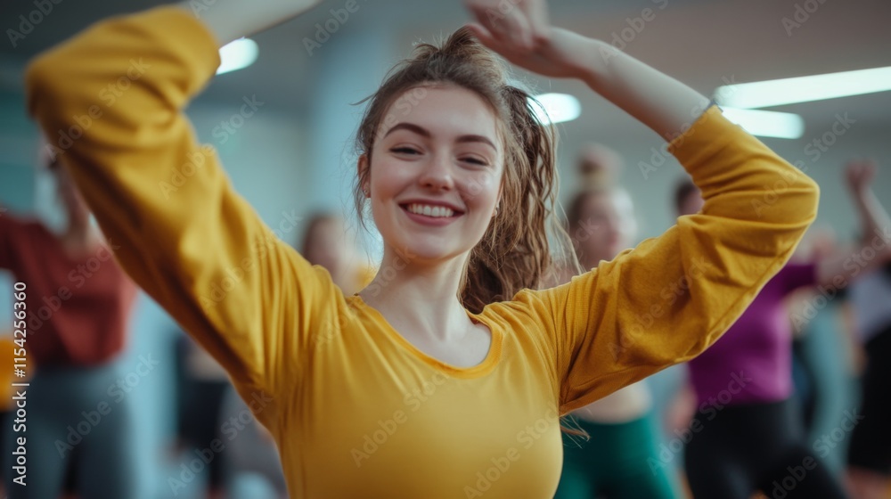 Obraz premium A vibrant fitness class atmosphere filled with energy. A young woman dances joyfully in the foreground. Movement and rhythm inspire creativity. Generative AI