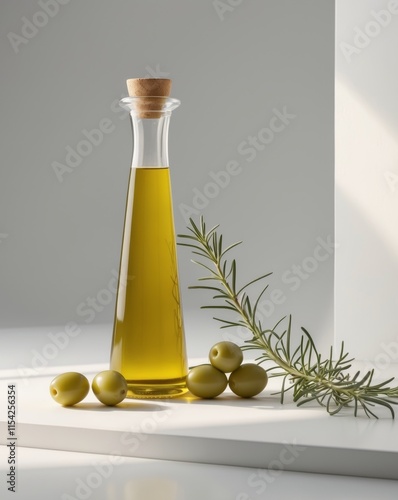 Golden Olive Oil with Olives and Rosemary in Studio Light photo