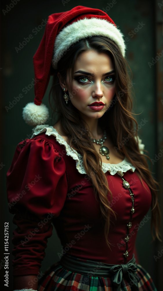 A stunning woman dressed in a festive red outfit with intricate lace details and a Santa hat. Her piercing gaze and elegant jewelry capture the magic of the holiday season. A stunning woman dressed in a festive red outfit with intricate lace details and a Santa hat. Her piercing gaze and elegant jewelry capture the magic of the holiday season.