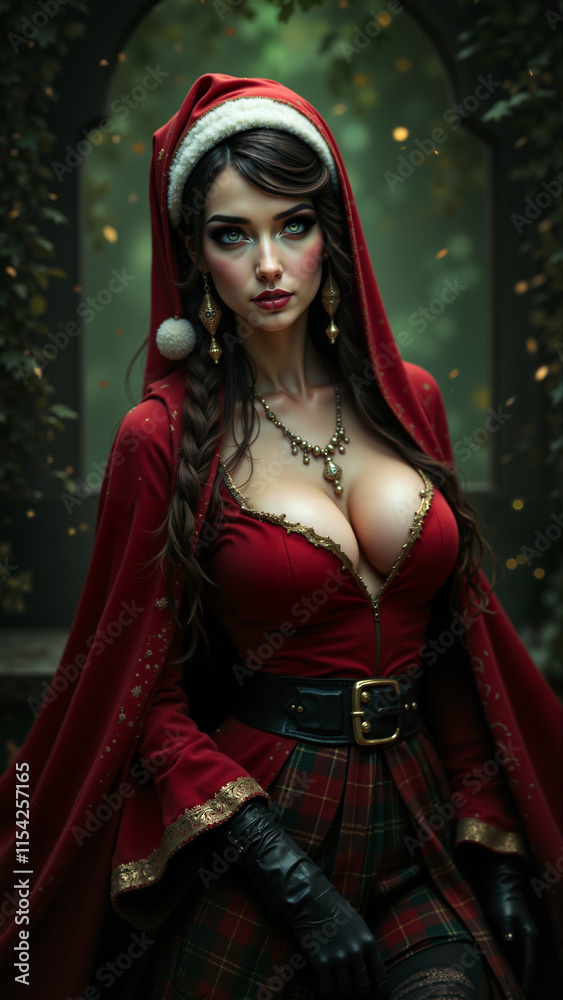 A stunning woman dressed in a festive red outfit with intricate lace details and a Santa hat. Her piercing gaze and elegant jewelry capture the magic of the holiday season.