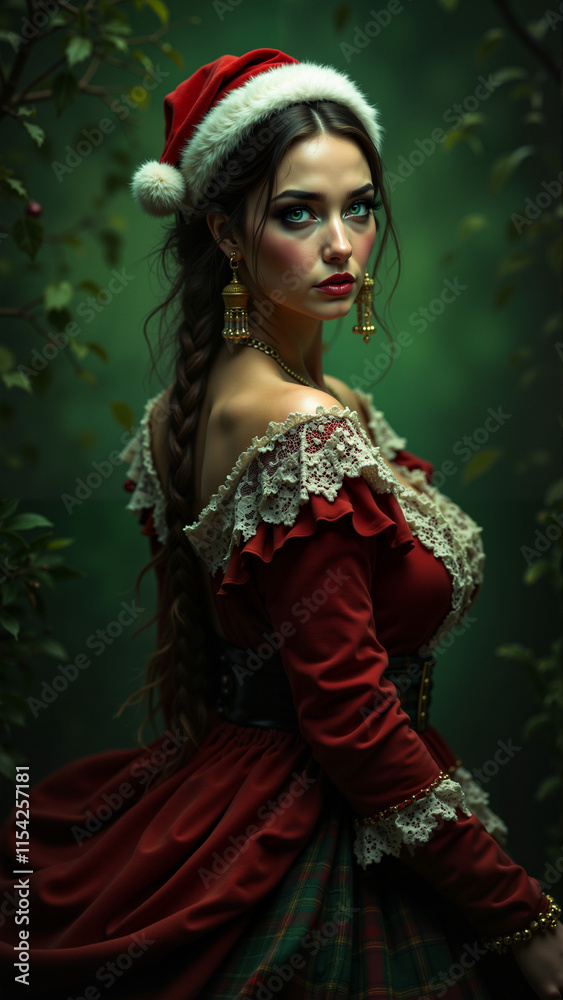 A stunning woman dressed in a festive red outfit with intricate lace details and a Santa hat. Her piercing gaze and elegant jewelry capture the magic of the holiday season.