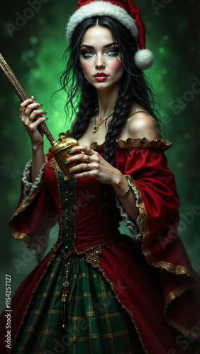 Obraz na płótnie A stunning woman dressed in a festive red outfit with intricate lace details and a Santa hat. Her piercing gaze and elegant jewelry capture the magic of the holiday season. w salonie