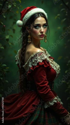Obraz na płótnie A stunning woman dressed in a festive red outfit with intricate lace details and a Santa hat. Her piercing gaze and elegant jewelry capture the magic of the holiday season. w salonie