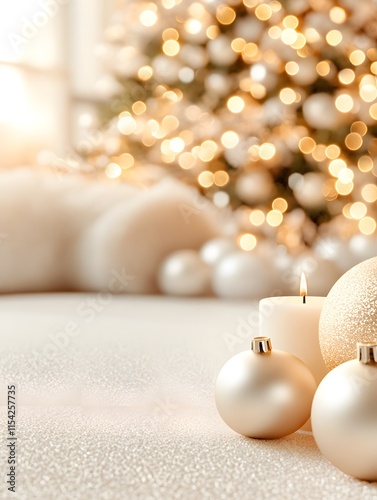 Christmas background. Christmas tree decorated in gold and beige and beige room