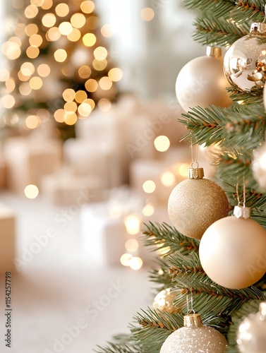 Christmas background. Christmas tree decorated in gold and beige and beige room