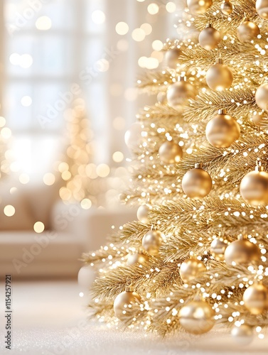 Christmas background. Christmas tree decorated in gold and beige and beige room