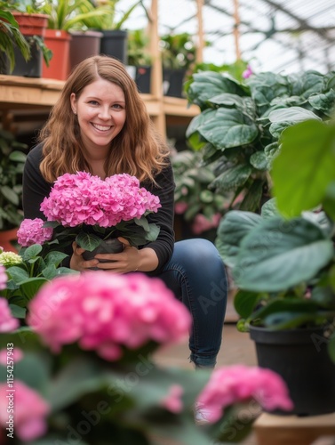 Woman holding pink hydrangea flowers in a vibrant greenhouse filled with tropical plants photo