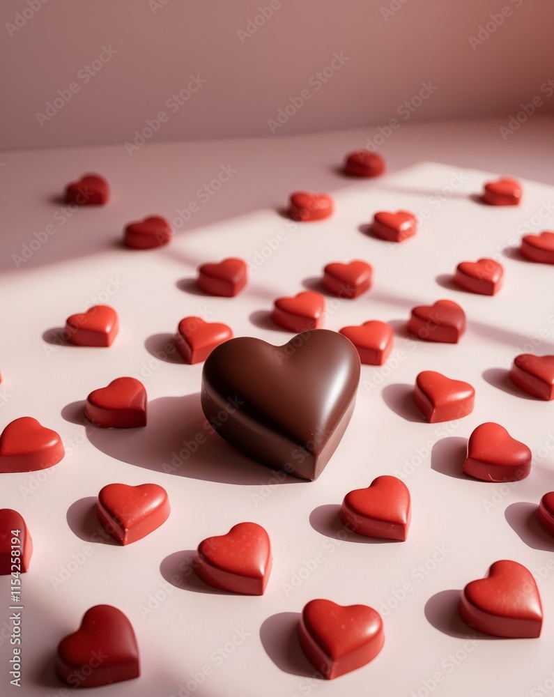 Chocolate heart surrounded by red chocolate hearts on pink background Chocolate heart surrounded by red chocolate hearts on pink background