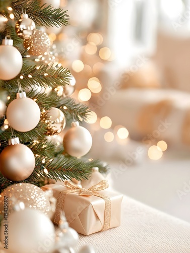 Christmas background. Christmas tree decorated in gold and beige and beige room