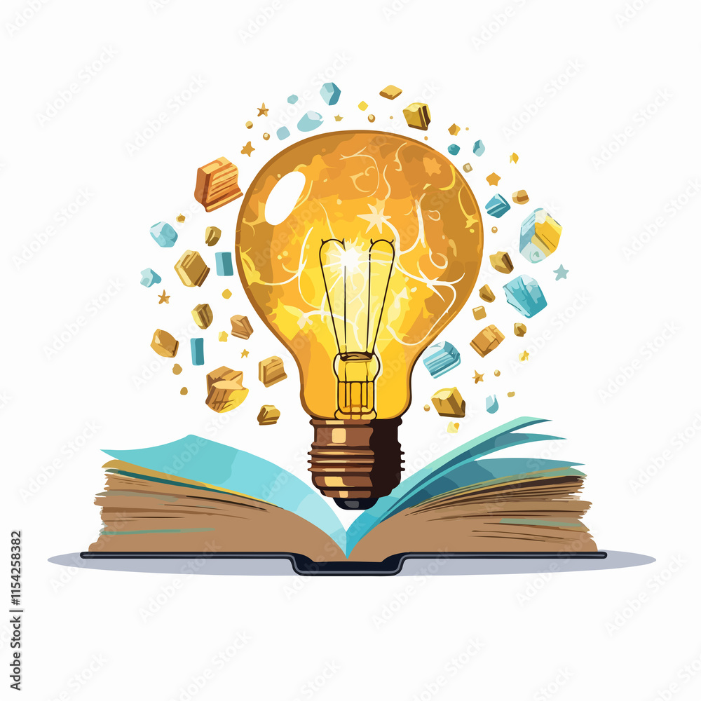 Innovative Learning Concept with Light Bulb, Book, and Jigsaw Pieces on White Background Innovative Learning Concept with Light Bulb, Book, and Jigsaw Pieces on White Background