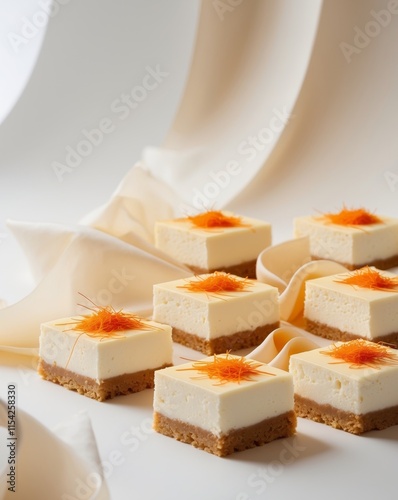 Delicious Orange Cheesecake Squares Garnished with Saffron photo