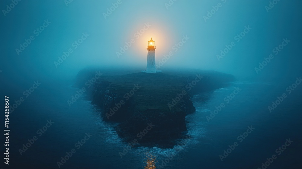Fototapeta premium A solitary lighthouse shines through fog, guiding ships in a tranquil sea.