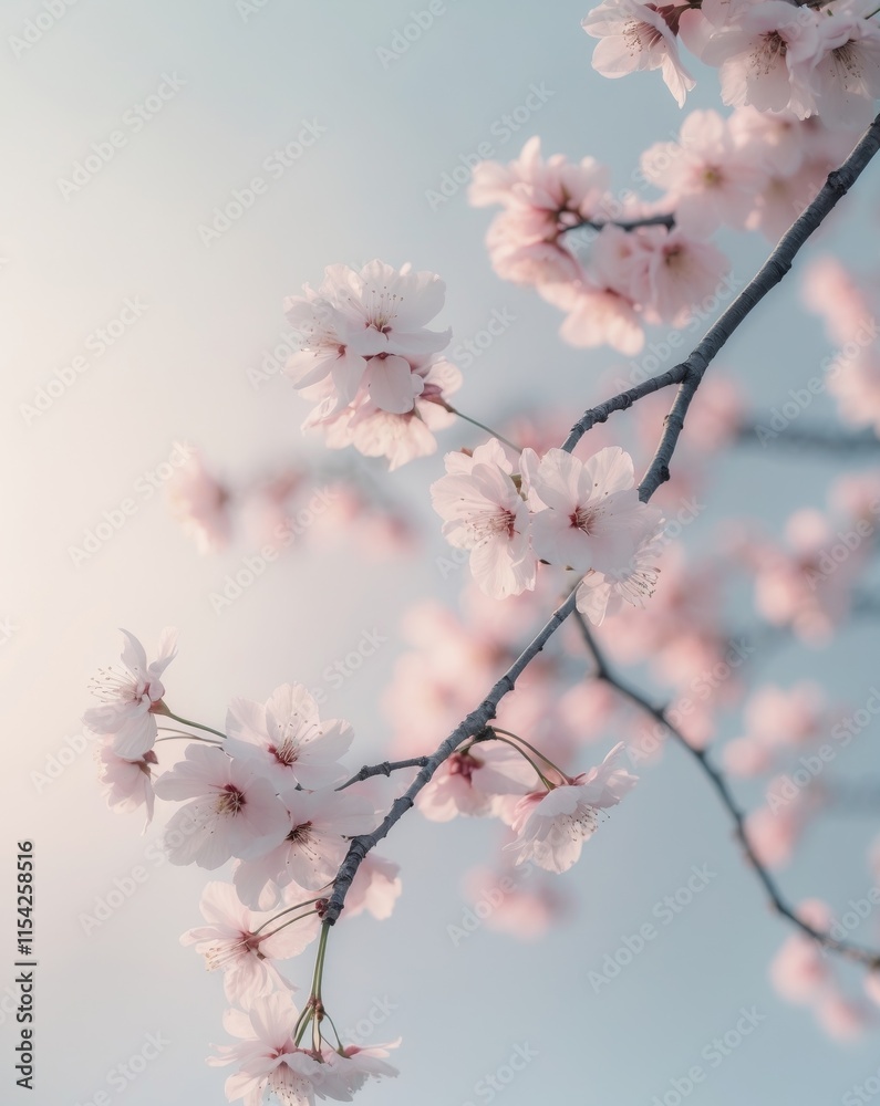 Blossoming cherry tree branches with soft pink petals Blossoming cherry tree branches with soft pink petals