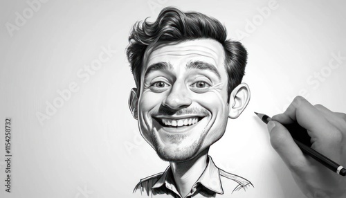 Charcoal Sketch of a Smiling Man,  A Caricature Masterpiece in Black and White