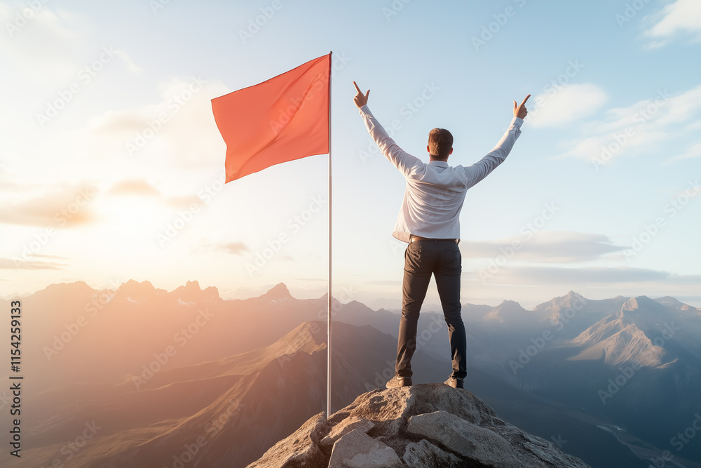 Obraz premium Victorious Man Raising Arms Atop Mountain Peak at Sunset