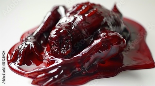 Bloody creature lying on white surface.