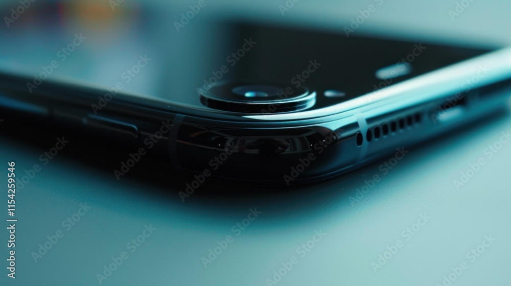 Close-up of smartphone camera lens and edge.