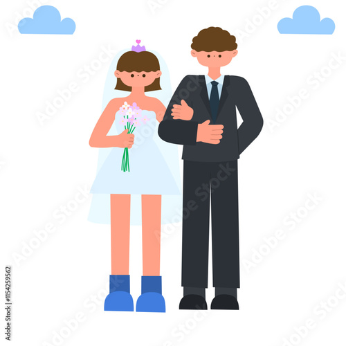 bride and groom wedding couple standing together flat vector illustration