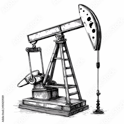 Industrial oil pump machine in monochrome vector illustration for graphic design projects
