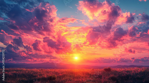 A dramatic sunset over a mountain range, with clouds illuminated in shades of pink and orange, photo