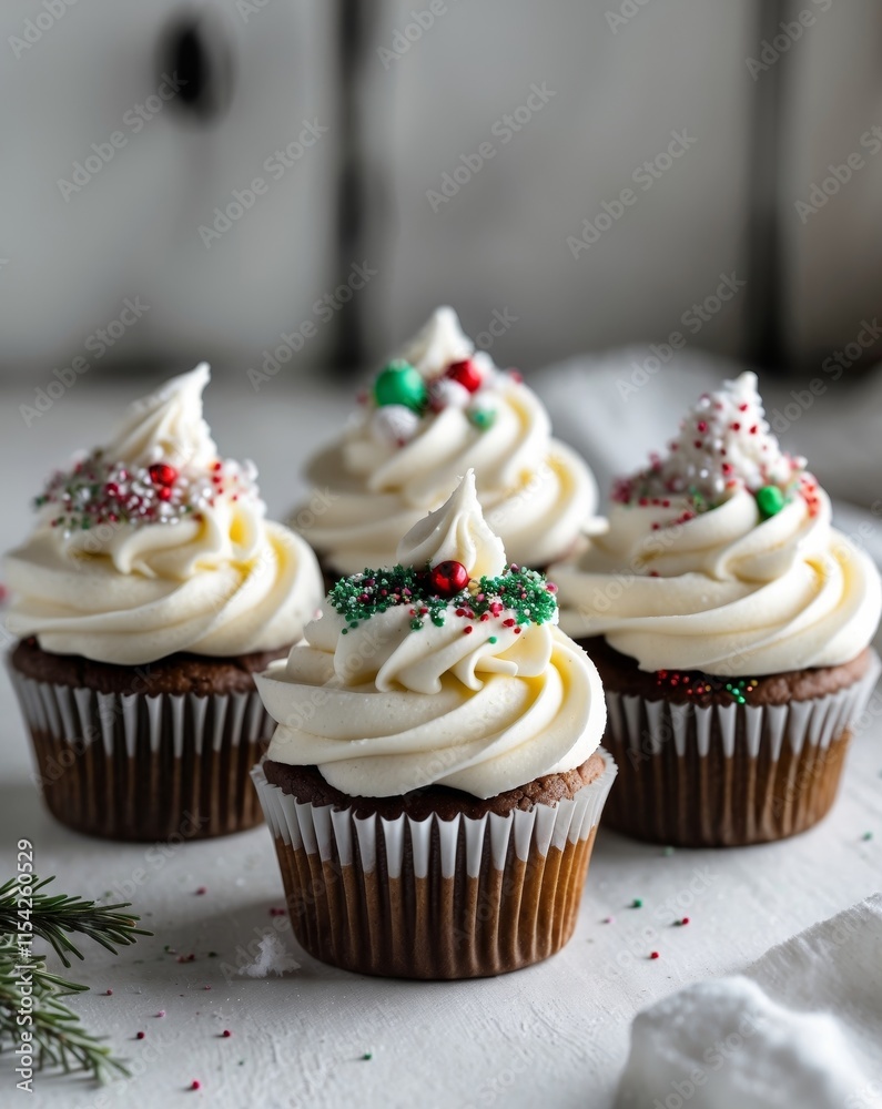 Festive Holiday Cupcakes Decorated with Whipped Frosting and Toppings Festive Holiday Cupcakes Decorated with Whipped Frosting and Toppings