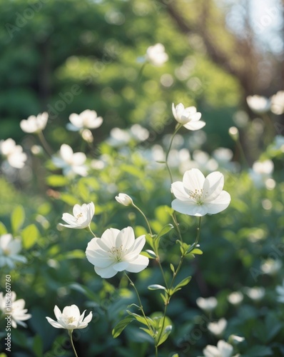 Beautiful white flowers blooming in a bright green garden during spring photo