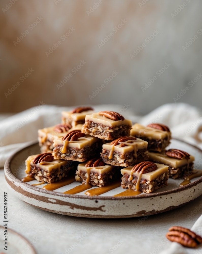delicate pecan bars with caramel drizzle on a rustic ceramic plate delicate pecan bars with caramel drizzle on a rustic ceramic plate