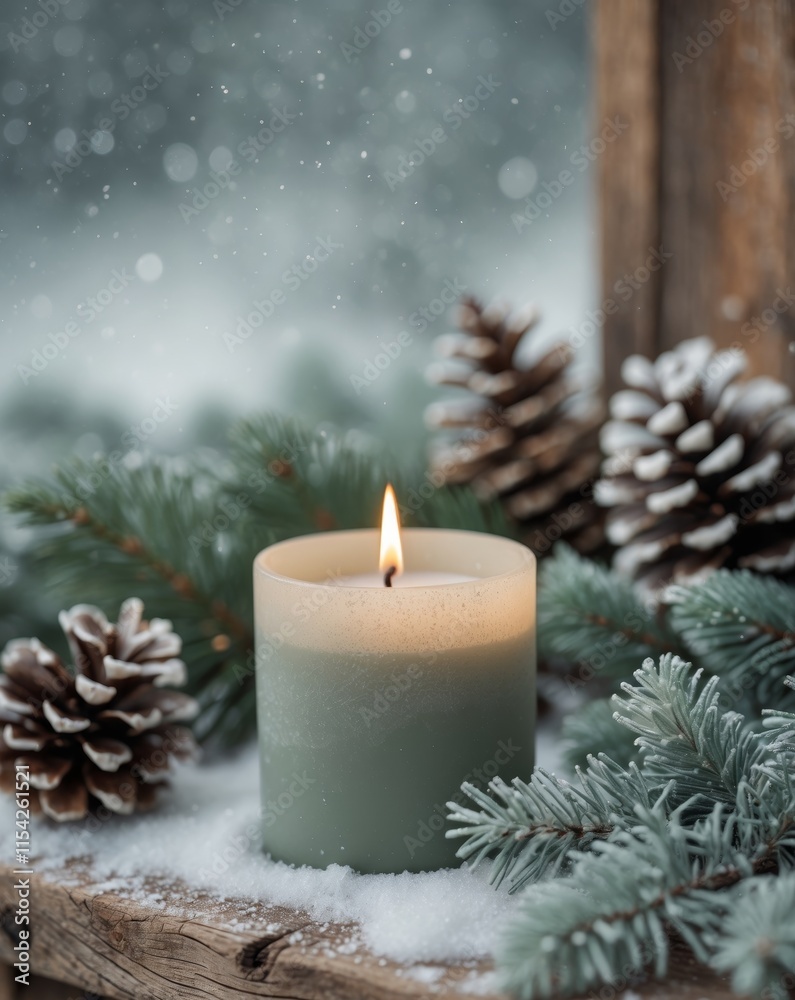Cozy winter scene with dusty sage candle and frosted pines for holiday ambiance Cozy winter scene with dusty sage candle and frosted pines for holiday ambiance