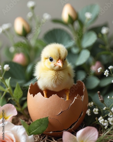 Charming yellow chick breaks free from its eggshell amidst nature's beauty and delicate flowers