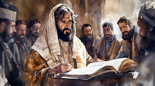 Jesus in the Synagogue Jesus reading from the scroll in a synagogue, with listeners marveling at his wisdom and authority.all soft, dynamic, soft minimalist watercolor, fine art art,