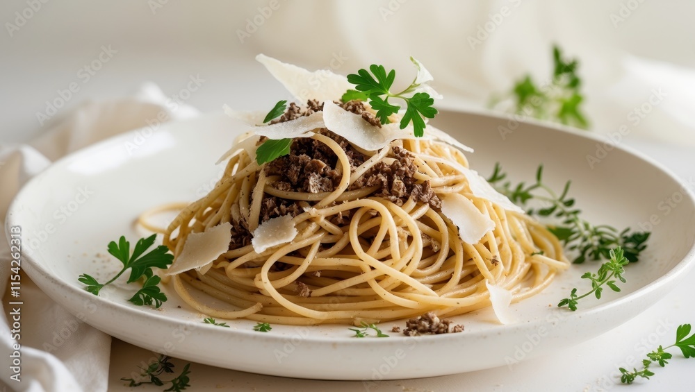 Decadent truffle spaghetti served with cheese and herbs Decadent truffle spaghetti served with cheese and herbs
