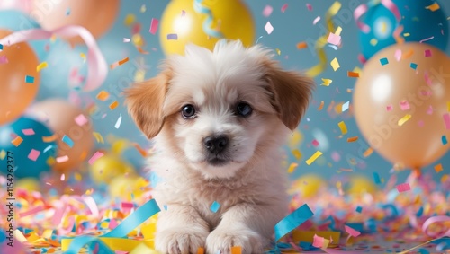 Adorable cute puppy celebrating with confetti in a festive atmosphere at a colorful pet party