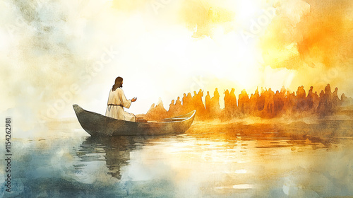 Jesus Teaching with Parables Jesus sitting in a boat, speaking to people gathered on the shore, using parables to convey spiritual truths.all soft, dynamic, soft minimalist watercolor, fine art,